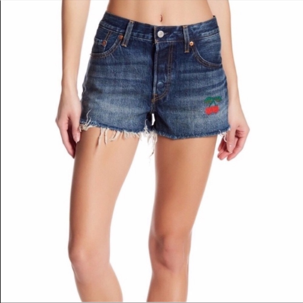 Levi’s 501 Blue Denim Distressed Cherry Patch Cutoff Shorts